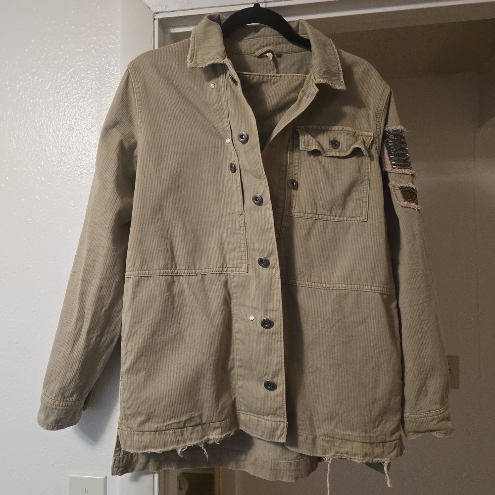 Free People Embellished Beaded Eagle Military Corduroy Shacket Jacket Tan